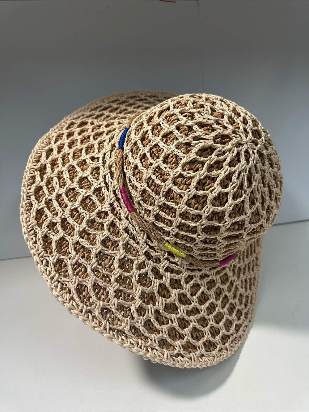 Betsey Johnson Straw Sun Hat with Pink Label and Tan Weave OS Packable Beach